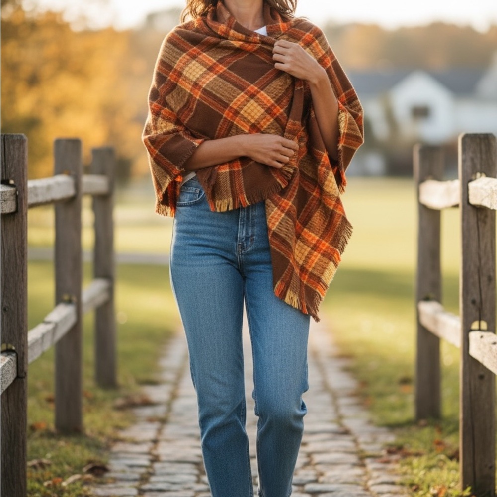 Plaid Shawl Wrap in Brown and Orange